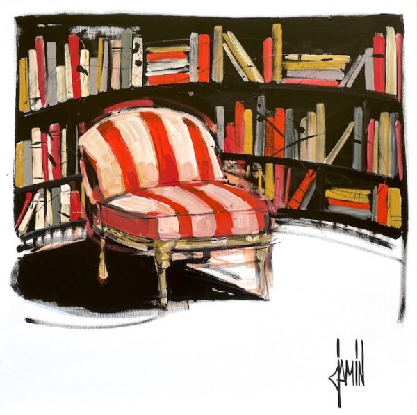 Bibliothèque au fauteuil rayé