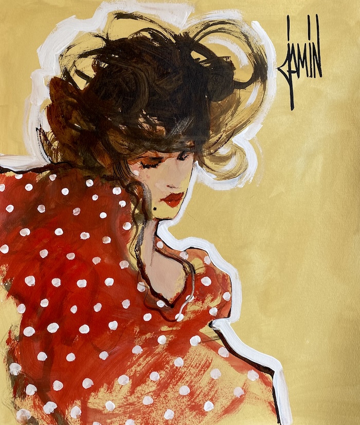 Portrait à la robe à pois